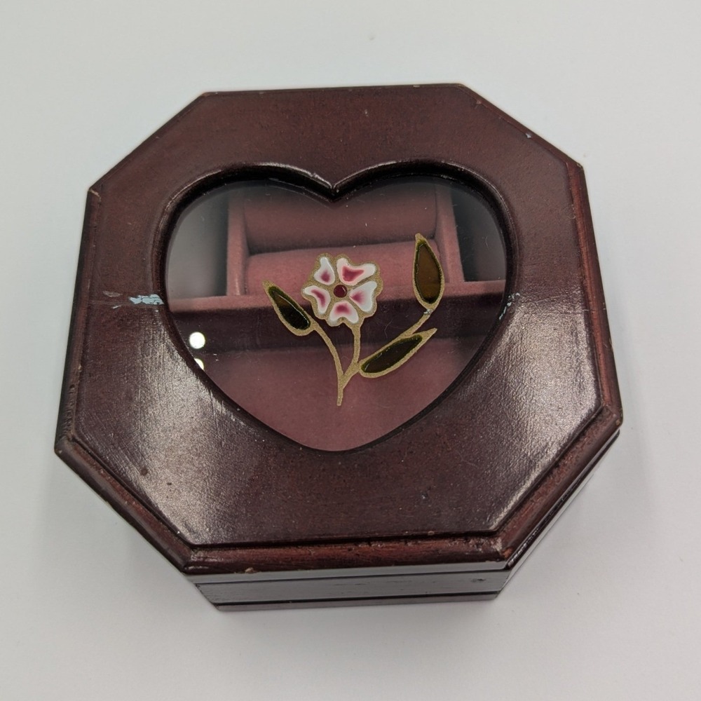 Unbranded Jewelry Box Brown Wood Heart Glass Floral Octagon Trinket Case Small